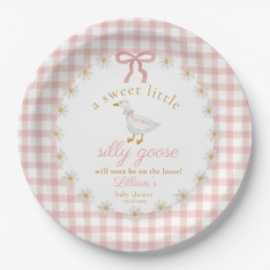 Silly Goose Cottagecore Pink Gingham Baby Shower Paper Plate
