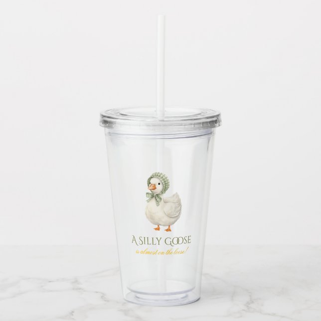 Silly Goose Daisy Sage Green Neutral Baby Shower Acrylic Tumbler (Front)