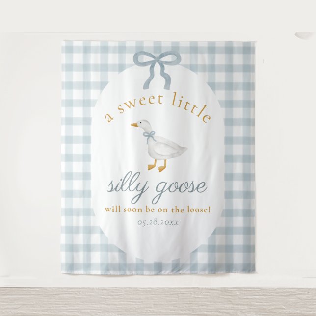 Silly Goose Duck Blue Gingham Baby Shower Backdrop Tapestry (Front)