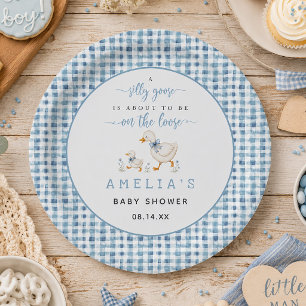 Silly Goose Dusty Blue Gingham Baby Boy Shower Paper Plate