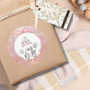 Silly Goose Family Pink & Bow 1st Birthday Classic Round Sticker