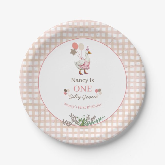 Silly Goose First Birthday Brown Paper Plate (Front)