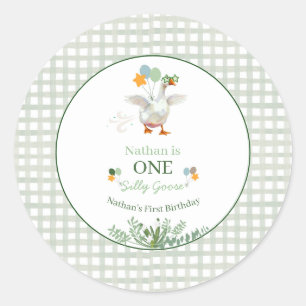 Silly Goose First Birthday Green Classic Round Sticker