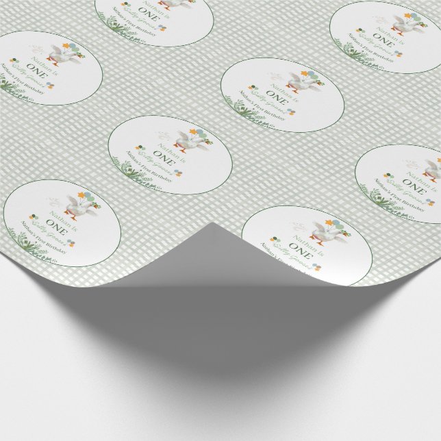 Silly Goose First Birthday Green Wrapping Paper (Corner)