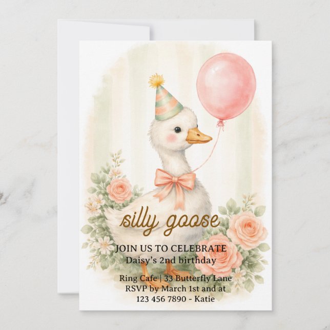Silly Goose First Birthday Invitation | Watercolor (Front)