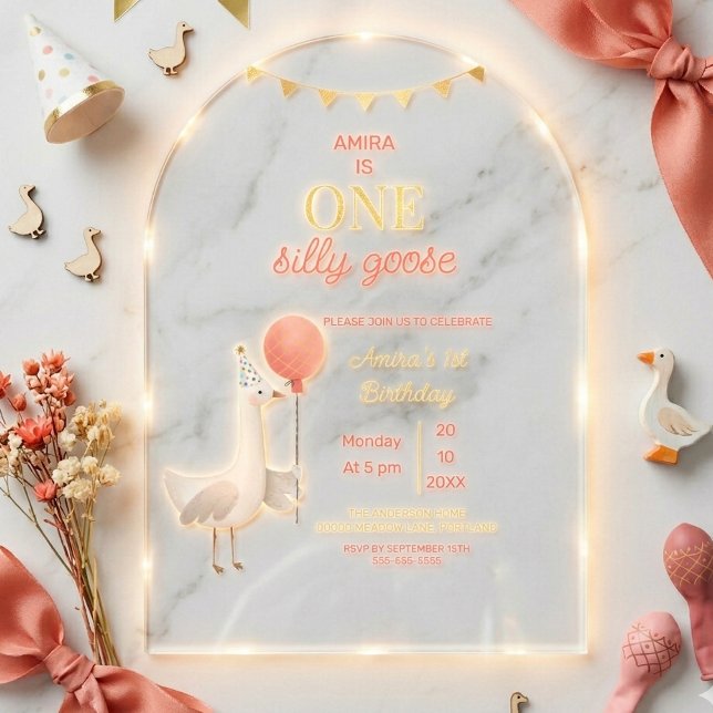 Silly Goose First Birthday Personalized Arch Party Acrylic Invitations (Creator Uploaded)