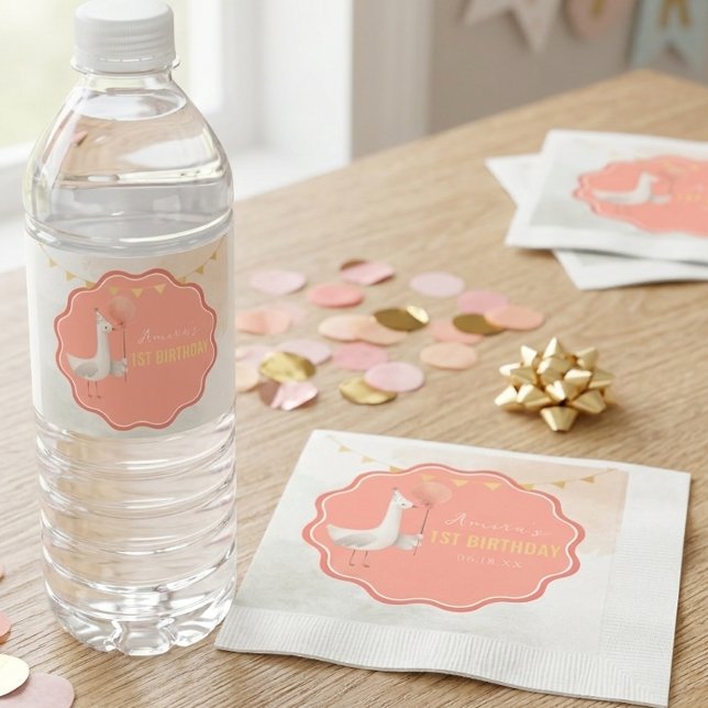Silly Goose First Birthday Water Bottle Label Napkin (Creator Uploaded)