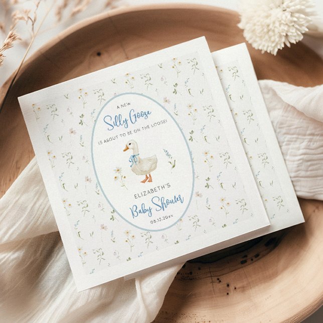 Silly Goose Floral Blue Frame Baby Shower Napkins (Creator Uploaded)