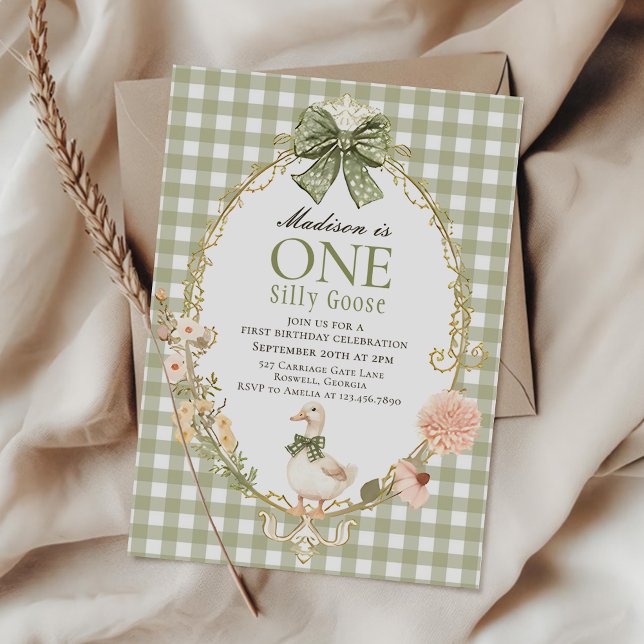 Silly Goose Floral Green Gingham 1st Birthday Invitation (Creator Uploaded)