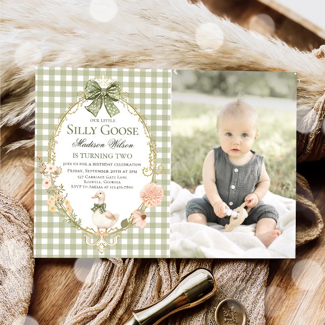 Silly Goose Floral Green Gingham Birthday Photo Invitation (Creator Uploaded)