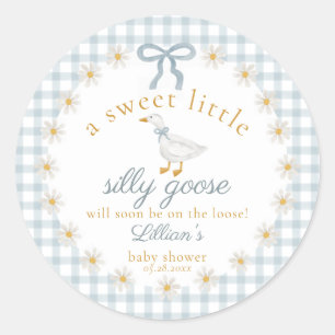 Silly Goose Flower Bow Baby Shower Blue Gingham  Classic Round Sticker