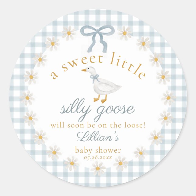 Silly Goose Flower Bow Baby Shower Blue Gingham  Classic Round Sticker (Front)