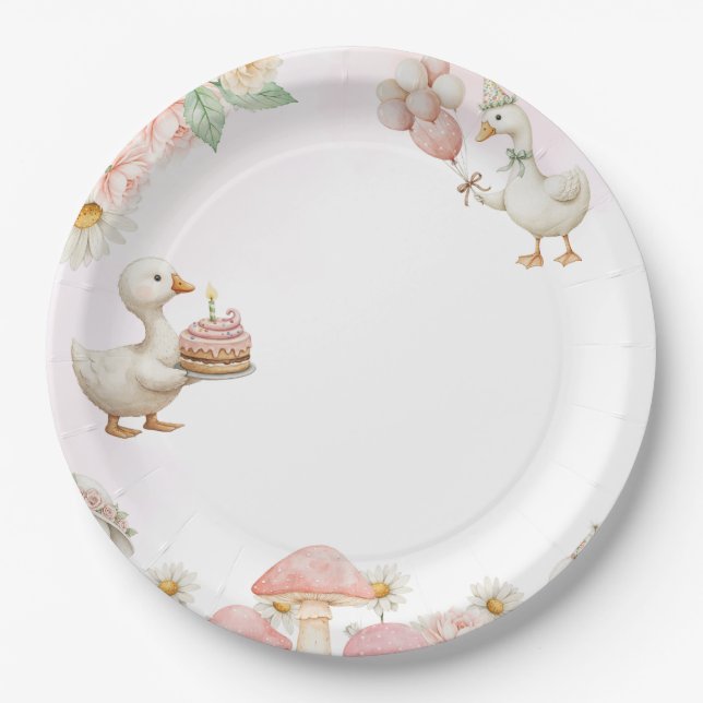 Silly Goose Flower Garden Mushroom 1st Birthday Paper Plate (Front)