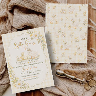Silly Goose Gingham Duck Gender Neutra Baby Shower Invitation