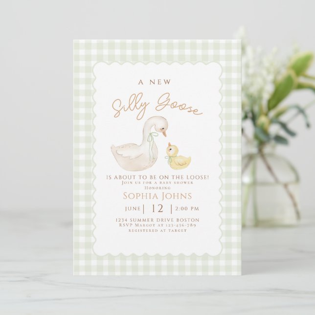 Silly Goose Gingham Duck Gender Neutra Baby Shower Invitation (Standing Front)