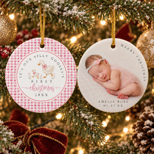 Silly Goose Gingham Photo Baby First Christmas Ceramic Ornament