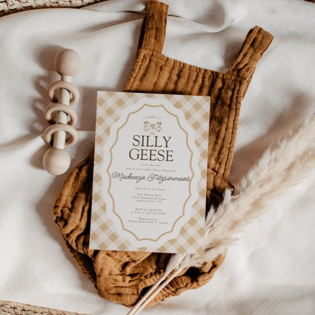 Silly Goose Gingham Triplet Baby Shower Invitation (Gingham Goose Baby Shower triplet invite)