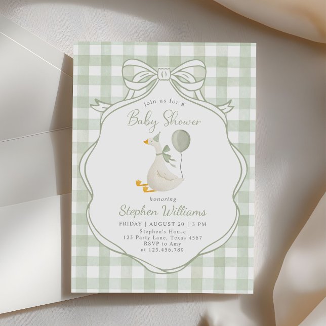 Silly Goose Green Bow Boy Baby Shower Invitation (Creator Uploaded)