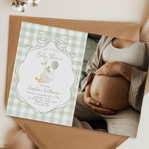 Silly Goose Green Bow Boy Baby Shower Photo Invitation