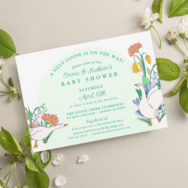 Silly Goose Green Floral Baby Shower Invitation (Creator Uploaded)