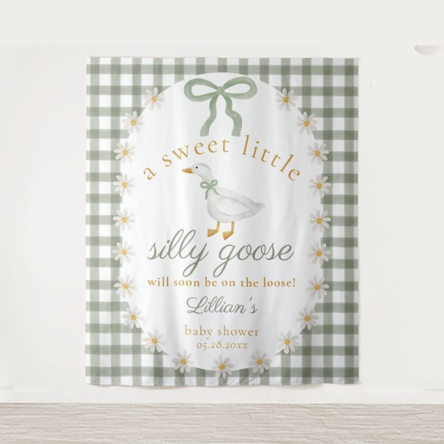 Silly Goose Green Gingham Baby Shower Backdrop Tapestry (Front)