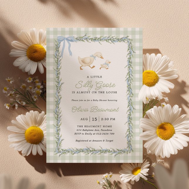 Silly Goose Green Gingham Baby Shower Invitation (Creator Uploaded)