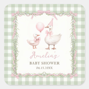 Silly Goose Green Gingham Baby Shower Sticker