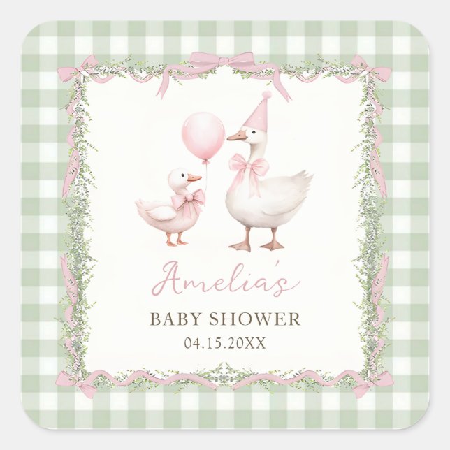 Silly Goose Green Gingham Baby Shower Sticker (Front)
