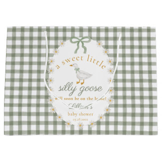 Silly Goose Green Gingham Cottagecore Baby Shower  Large Gift Bag