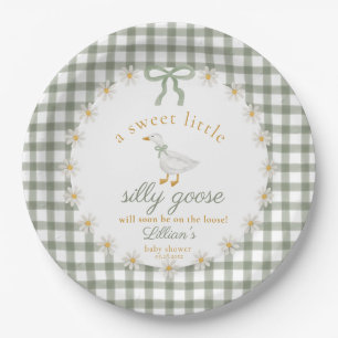 Silly Goose Green Gingham Cottagecore Baby Shower Paper Plate