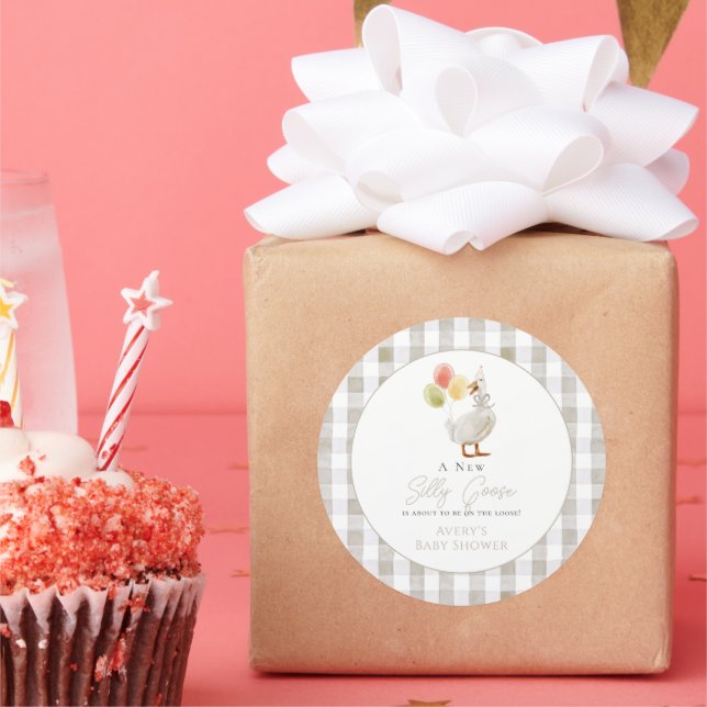 Silly Goose Greige Gingham Baby Shower Classic Round Sticker (Party)