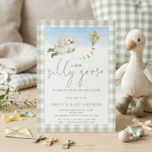 Silly Goose Kite Sage Gingham Baby Shower Invitation