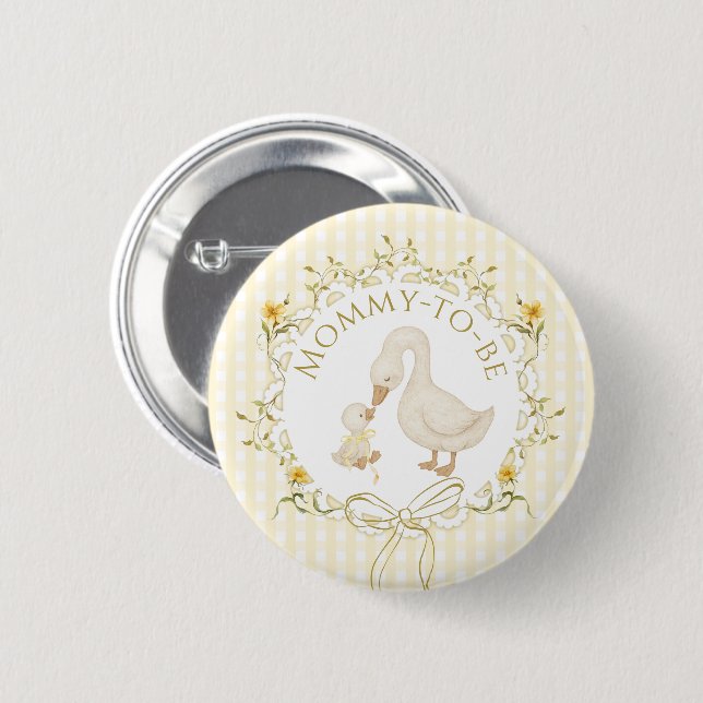 Silly Goose Mommy to be Yellow Gingham Baby Shower 6 Cm Round Badge (Front & Back)