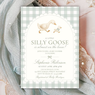 Silly Goose Neutral Arch Green Gingham Baby Shower Invitation
