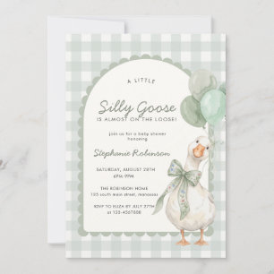 Silly Goose Neutral Sage Green Gingham Baby Shower Invitation
