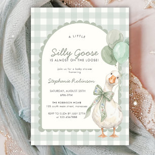 Silly Goose Neutral Sage Green Gingham Baby Shower Invitation