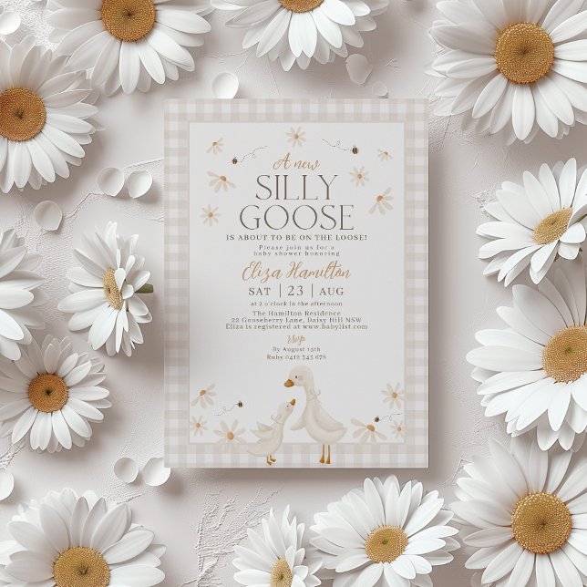 Silly Goose on the Loose Baby Shower Beige Gingham Invitation (A new silly goose is about to be on the loose! Beige Gingham Goose Gender Neutral Baby Shower)