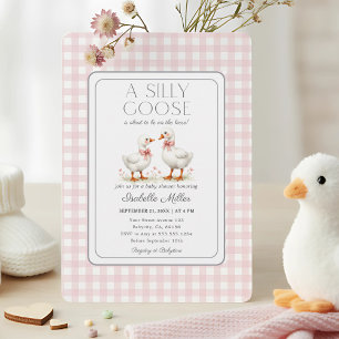 Silly Goose on the Loose Baby Shower Pink Gingham Invitation