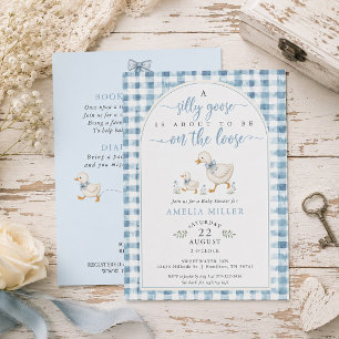 Silly Goose on the Loose Blue Gingham Baby Shower Invitation
