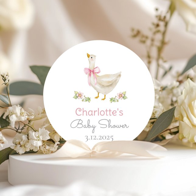 Silly Goose on the loose Pink Bow Baby Shower Classic Round Sticker (Creator Uploaded)
