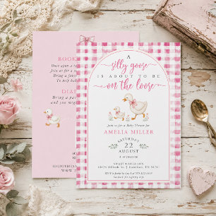Silly Goose on the Loose Pink Gingham Baby Shower Invitation
