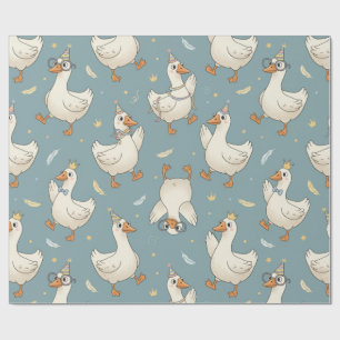 Silly Goose Party – Blue Background with Feathers Wrapping Paper