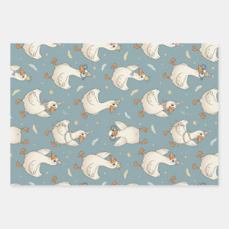 Silly Goose Party – Blue Background with Feathers Wrapping Paper Sheet