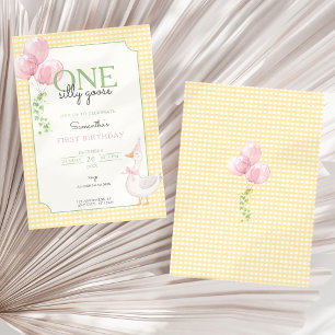 Silly Goose Pink Balloons Gingham 1st Birthday Invitation