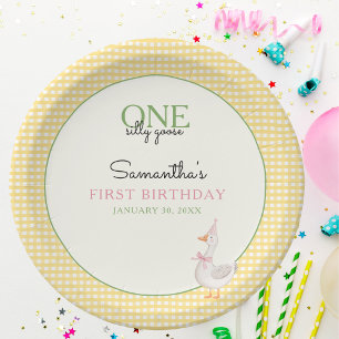 Silly Goose Pink Balloons Gingham 1st Birthday Paper Plate