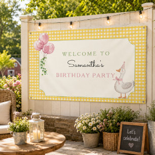 Silly Goose Pink Balloons Gingham Birthday Banner