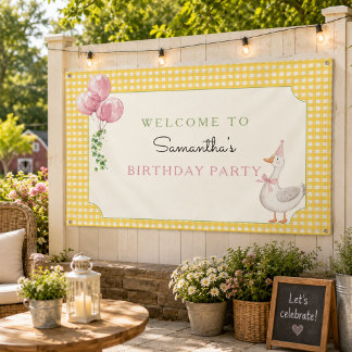 Silly Goose Pink Balloons Gingham Birthday Banner