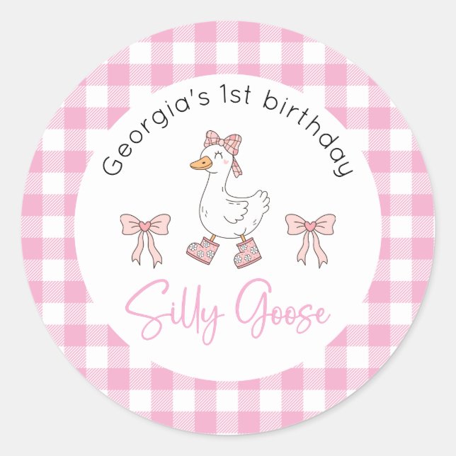 Silly Goose Pink Birthday Classic Round Sticker (Front)