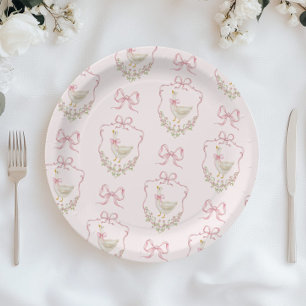 Silly Goose Pink Bow crest Vintage baby shower Paper Plate