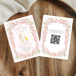 Silly Goose Pink Bow Floral QR Code Baby Shower Invitation